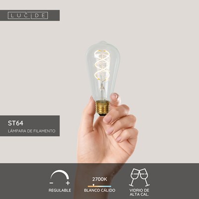 Lucide ST64 - Lámpara de filamento - Ø 6,4 cm - LED Regul. - E27 - 1x4,9W 2700K - Transparente